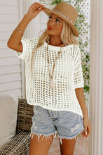 Load image into Gallery viewer, Apricot Fishnet Knit Ribbed Round Neck Short Sleeve Sweater Tee
