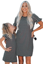 Load image into Gallery viewer, Black Striped T-shirt Mini Dress with Ruffled Sleeves
