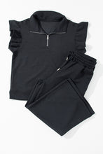 Load image into Gallery viewer, Black Textured Flutter Sleeve Top Wide Leg Pants Set
