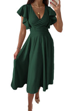 Load image into Gallery viewer, Green Ruffled Sleeve Wrap V Neck Midi Dress
