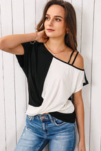 Load image into Gallery viewer, Khaki Asymmetric Colorblock Strappy Cold Shoulder Twist Hem Top
