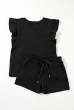 Load image into Gallery viewer, Black Textured Ruffled Sleeve Tee and Drawstring Shorts Set
