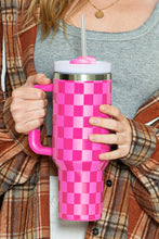 Load image into Gallery viewer, Bright Pink Checkered Print Handled Stainless Steel Tumbler Cup 40oz

