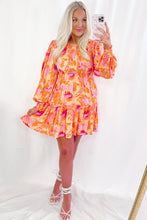 Load image into Gallery viewer, Orange Abstract Print Smocked Lantern Sleeve Ruffle Mini Dress
