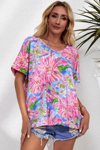 Load image into Gallery viewer, Pink Abstract Floral Print Notch V Neck Rolled Short Sleeve Blouse
