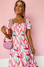 Load image into Gallery viewer, Pink Brush Stroke Printed Smocked Ruffle Tiered Dress

