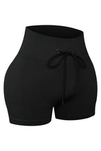 Load image into Gallery viewer, Black Solid Color Ribbed Drawstring Waist Yoga Shorts
