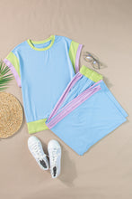 Load image into Gallery viewer, Sky Blue Color Block Detail Casual Two-piece Outfit
