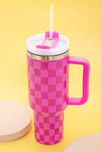 Load image into Gallery viewer, Bright Pink Checkered Print Handled Stainless Steel Tumbler Cup 40oz
