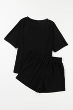 Load image into Gallery viewer, Black Casual Textured Tee and Drawstring Shorts Set
