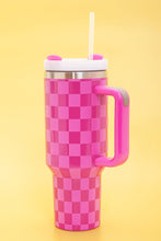 Load image into Gallery viewer, Bright Pink Checkered Print Handled Stainless Steel Tumbler Cup 40oz
