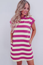 Load image into Gallery viewer, Rose Stripe Cap Sleeve Pocketed Shift T-shirt Dress
