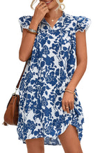 Load image into Gallery viewer, Sail Blue Floral Ruffled Cap Sleeve Tied Neck Mini Dress
