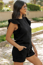 Load image into Gallery viewer, Black Textured Ruffled Sleeve Tee and Drawstring Shorts Set
