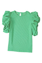 Load image into Gallery viewer, Green Ribbed Knit Puffy Ruffle Sleeve Blouse
