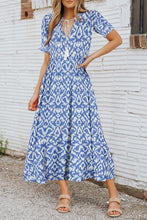 Load image into Gallery viewer, Sky Blue V Neck Casual Geometric Print Maxi Dress
