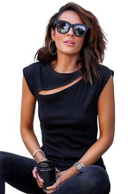 Load image into Gallery viewer, Black Slash Cutout Cap Sleeve T Shirt
