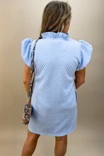 Load image into Gallery viewer, Light Blue Textured Puff Sleeve Ruffled V Neck Shift Mini Dress
