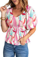 Load image into Gallery viewer, Pink Brush Stroke Printed Smocked Ruffle Tiered Dress
