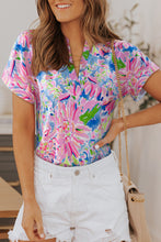 Load image into Gallery viewer, Pink Abstract Floral Print Notch V Neck Rolled Short Sleeve Blouse
