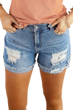 Load image into Gallery viewer, Distressed Ripped Rolled Hem Blue Denim Shorts
