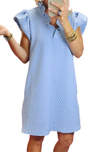 Load image into Gallery viewer, Light Blue Textured Puff Sleeve Ruffled V Neck Shift Mini Dress
