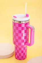 Load image into Gallery viewer, Bright Pink Checkered Print Handled Stainless Steel Tumbler Cup 40oz
