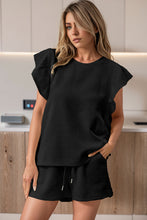 Load image into Gallery viewer, Black Textured Ruffled Sleeve Tee and Drawstring Shorts Set
