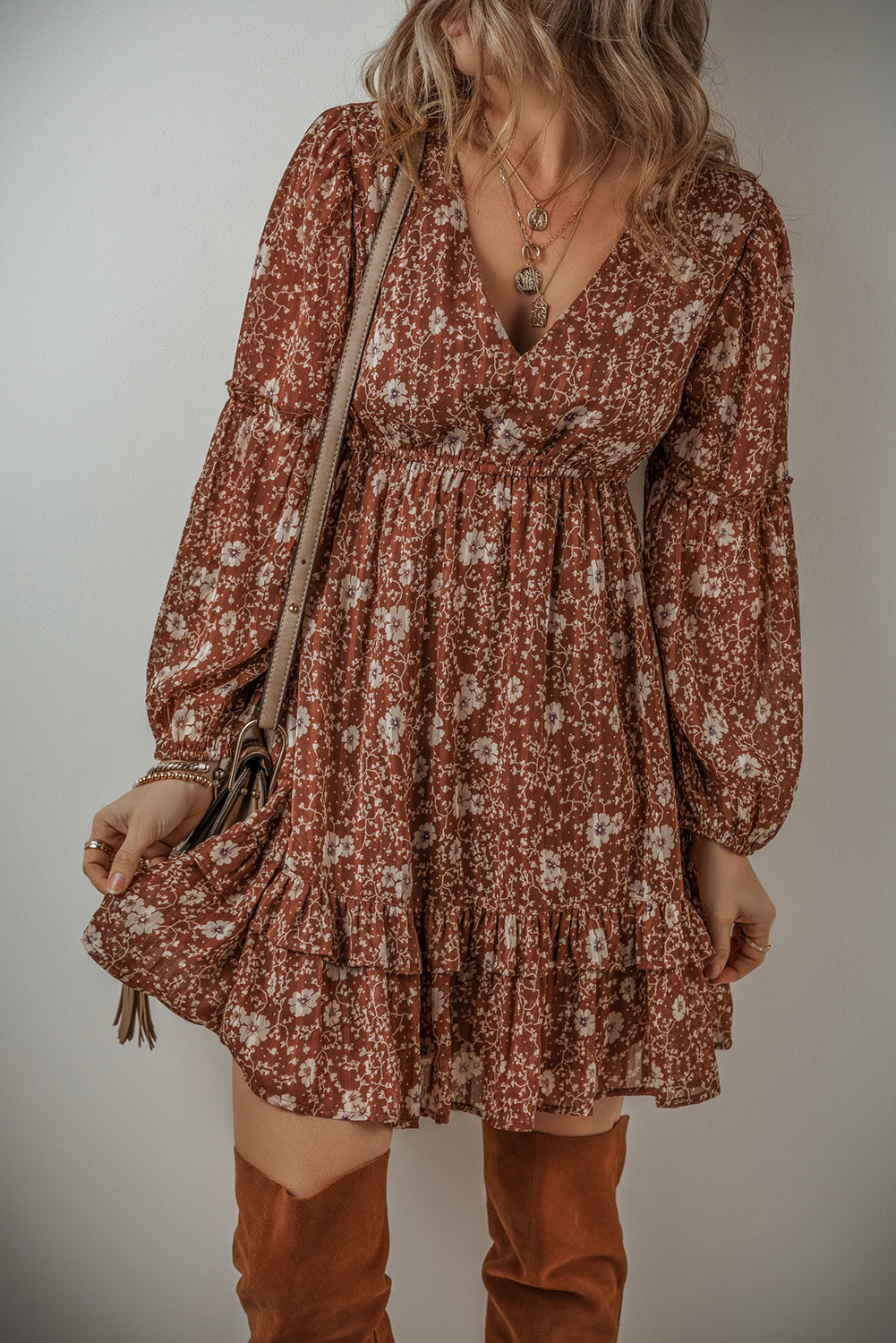 Brown Boho Floral Ruffled Puff Sleeve V Neck Mini Dress  Sofia Jewelry llc
