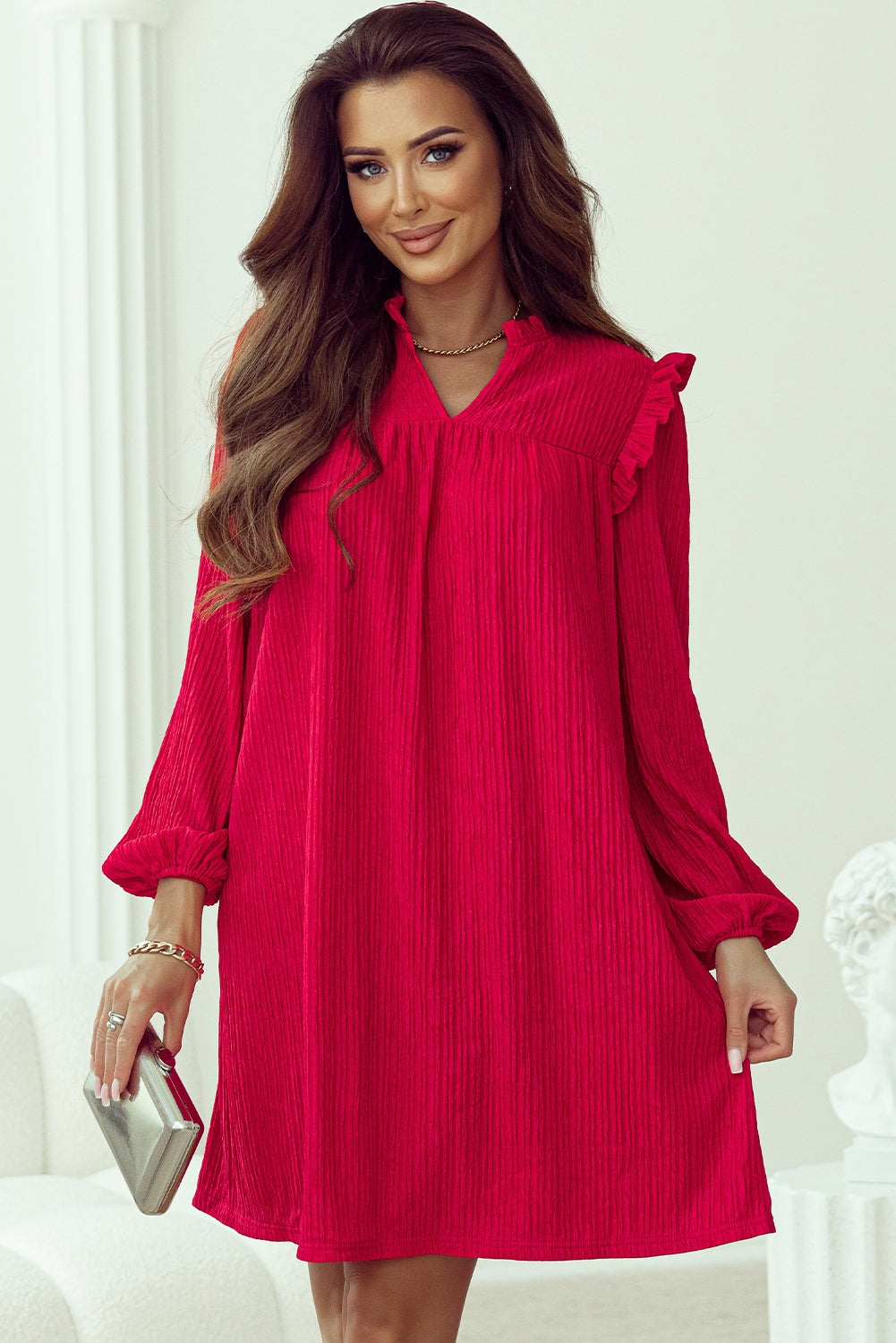 Fiery Red Textured Ruffled Trim V Neck Loose Fit Mini Dress – Sofia Jewelry  llc