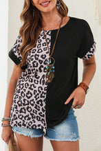 Load image into Gallery viewer, Black Contrast Solid Leopard Short Sleeve T-shirt Dress with Slits
