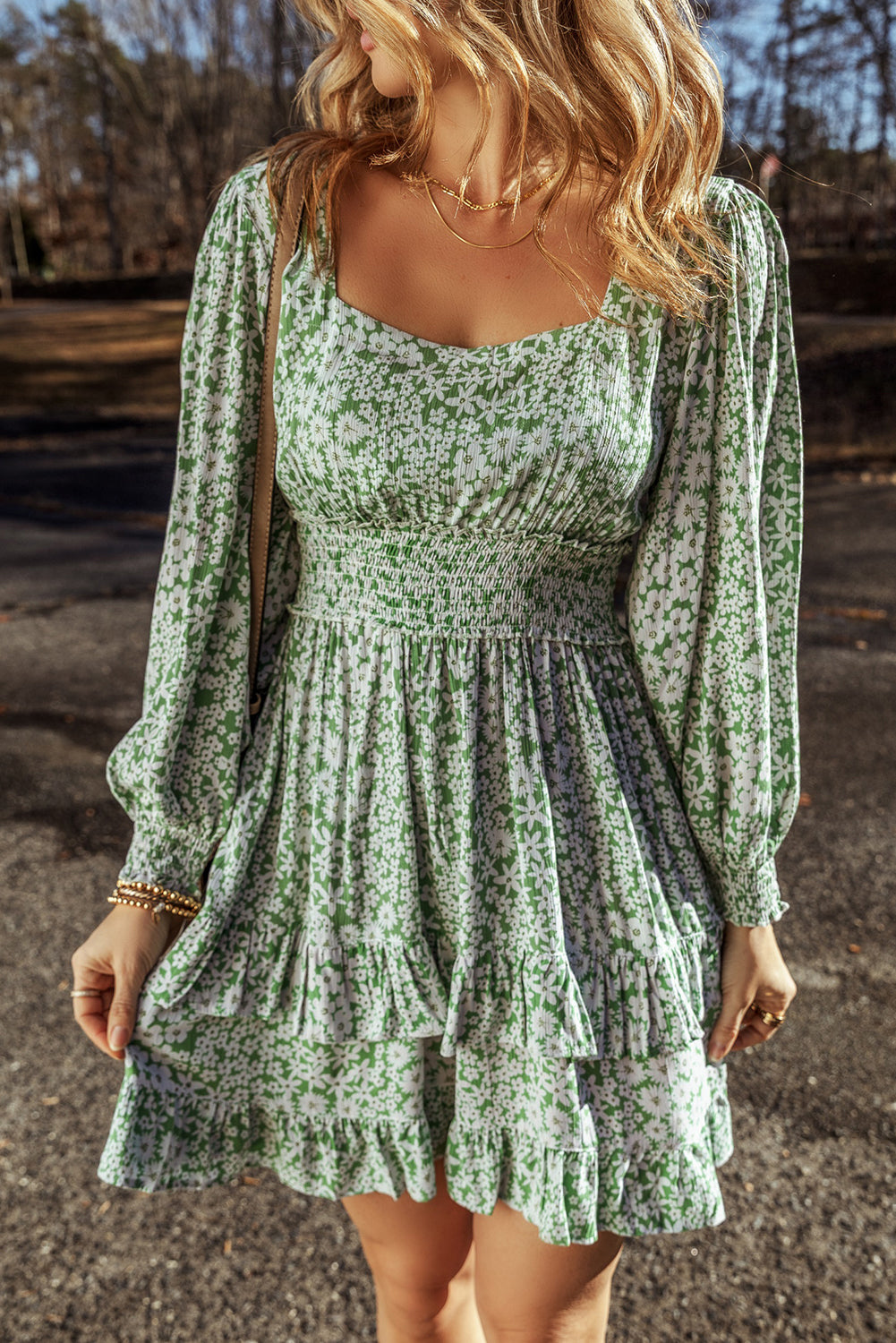 Green Floral Print Square Neck Shirred Waist Tiered Ruffled Mini Dress Green Floral Print Square Neck Shirred Waist Tiered Ruffled Mini Dress