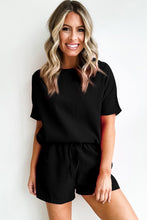 Load image into Gallery viewer, Black Casual Textured Tee and Drawstring Shorts Set
