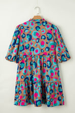 Load image into Gallery viewer, Green Leopard Print Bubble Sleeve Slit Neck Ruffled Dress
