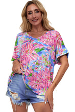 Load image into Gallery viewer, Pink Abstract Floral Print Notch V Neck Rolled Short Sleeve Blouse

