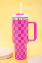 Load image into Gallery viewer, Bright Pink Checkered Print Handled Stainless Steel Tumbler Cup 40oz
