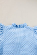 Load image into Gallery viewer, Light Blue Textured Puff Sleeve Ruffled V Neck Shift Mini Dress
