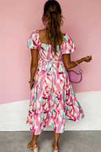 Load image into Gallery viewer, Pink Brush Stroke Printed Smocked Ruffle Tiered Dress

