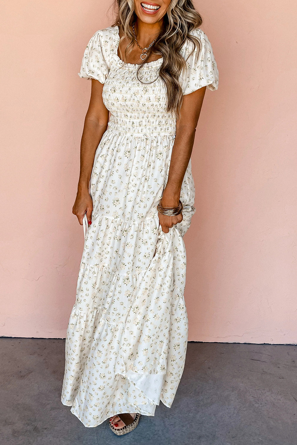 White Frilly Shirred Bodice Tiered Floral Maxi Dress – Sofia Jewelry llc