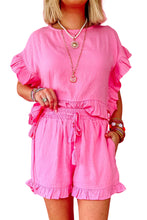 Load image into Gallery viewer, Pink Ruffled Hem Short Sleeve Elastic Drawstring Waist Pocketed Shorts Set
