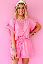 Load image into Gallery viewer, Pink Ruffled Hem Short Sleeve Elastic Drawstring Waist Pocketed Shorts Set
