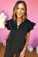 Load image into Gallery viewer, Black Textured Flutter Sleeve Top Wide Leg Pants Set
