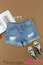 Load image into Gallery viewer, Distressed Ripped Rolled Hem Blue Denim Shorts
