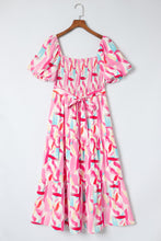 Load image into Gallery viewer, Pink Brush Stroke Printed Smocked Ruffle Tiered Dress
