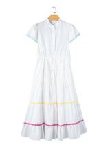 Load image into Gallery viewer, White Colorblock Rickrack Trim Short Sleeve Drawstring Waist Long Dress
