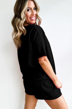 Load image into Gallery viewer, Black Casual Textured Tee and Drawstring Shorts Set

