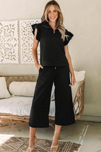 Load image into Gallery viewer, Black Textured Flutter Sleeve Top Wide Leg Pants Set
