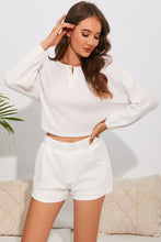 Load image into Gallery viewer, White Waffle Knit Buttoned Long Sleeve Crop and Shorts Lounge Set
