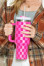 Load image into Gallery viewer, Bright Pink Checkered Print Handled Stainless Steel Tumbler Cup 40oz

