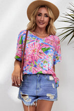 Load image into Gallery viewer, Pink Abstract Floral Print Notch V Neck Rolled Short Sleeve Blouse
